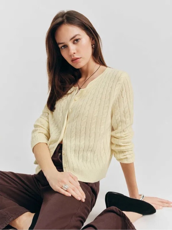 Reformation Sweaters - REFORMATION Clara Cashmere Crew Cardigan In Lemon Icing Cable